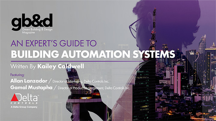 Cover of gb&d article titled "An Expert’s Guide to Building Automation Systems," featuring Delta Controls experts and a cityscape overlay.