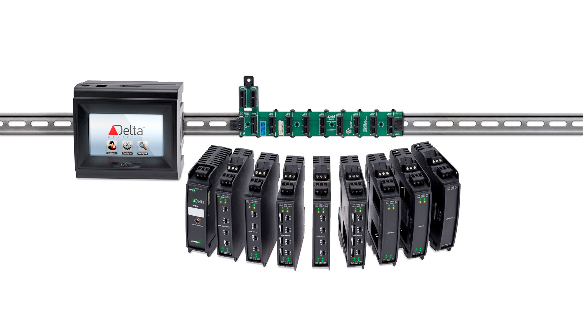 Controlador de sistema modular EnteliBUS, vista de explosión con módulos.