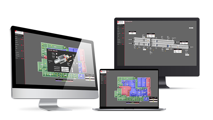 Three digital screens—two desktop monitors and a laptop—displaying the enteliSKETCH software interface, which includes colorful 3D building floor plans, HVAC system schematics, and mechanical equipment data dashboards.
